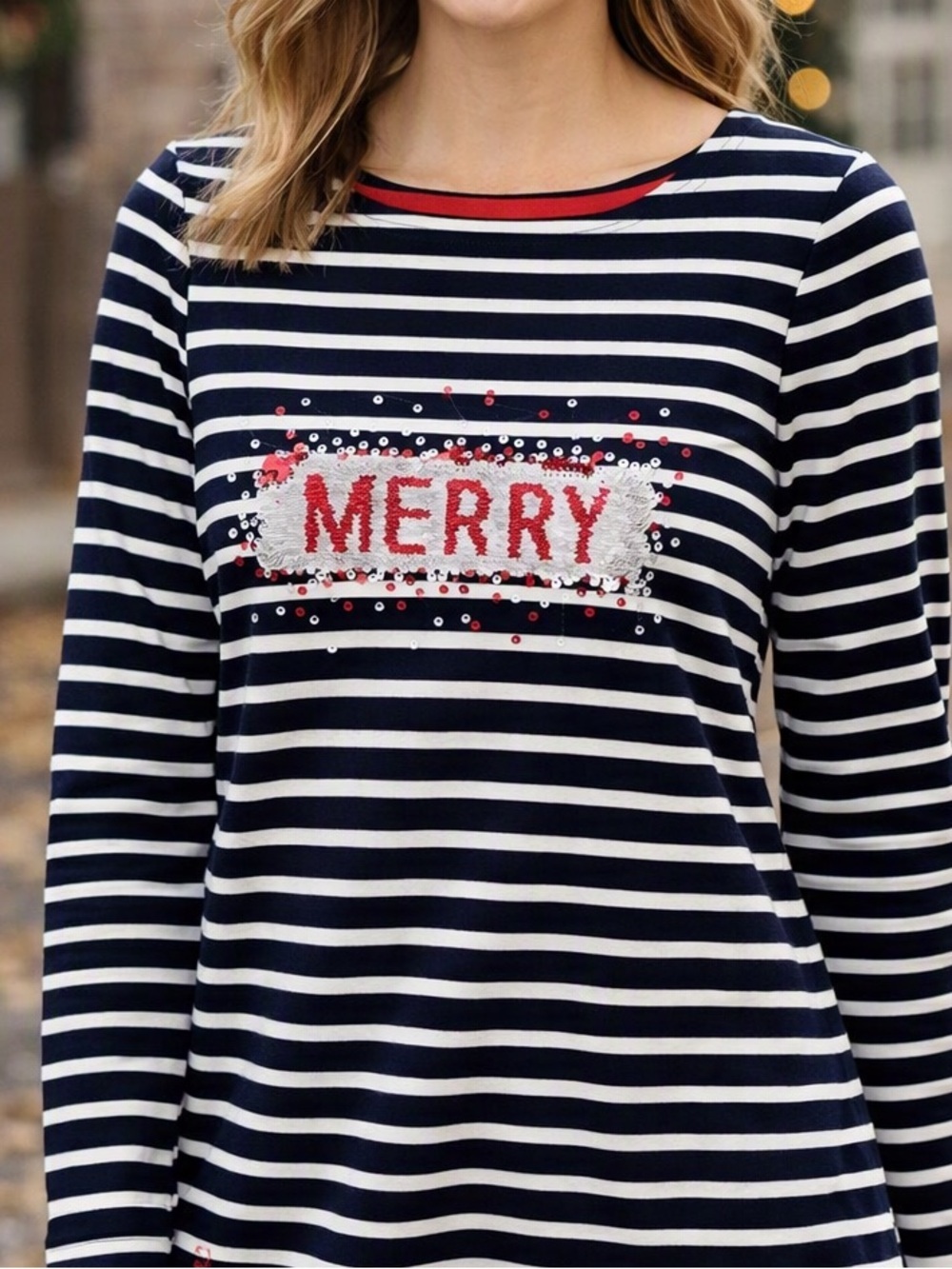 Joules Harbour Luxe Stripe Sequin “Merry” Cotton Long Sleeve Holiday Top Small